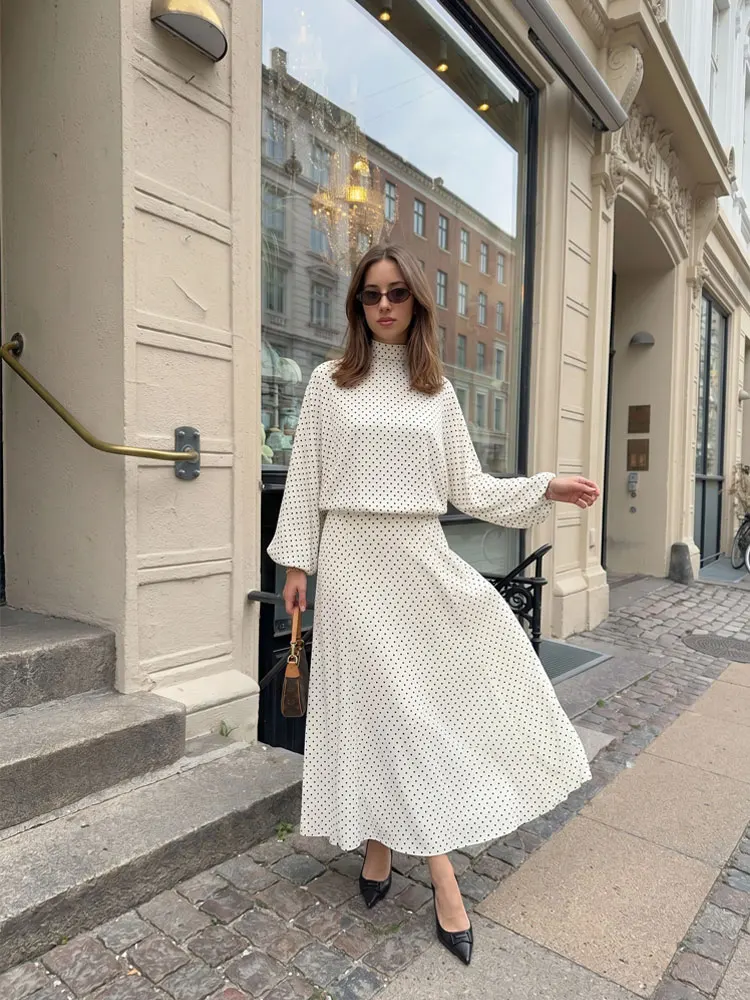HH Elegante Polka-Dot-Sets Langarm-Bluse mit Schleife Plissierter Langer A-Linien-Rock Lässiges Zweiteiler-Set Frühling Sommer Urlaubsoutfits Image