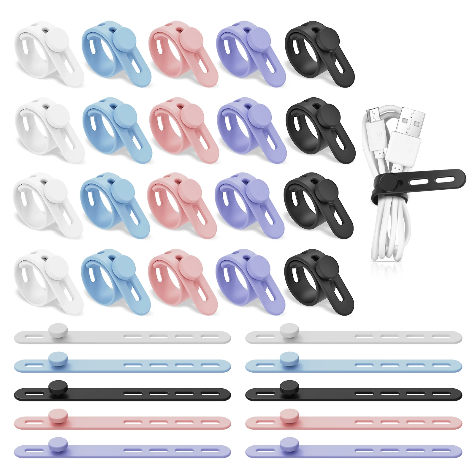 30 Stück elastische Silikon-Kabelbinder, weiche, verstellbare Kabelbänder, Kabelbündel-Organizer, wiederverwendbare Kabelmanagement-Bänder mit Verschluss-Schnalle Image