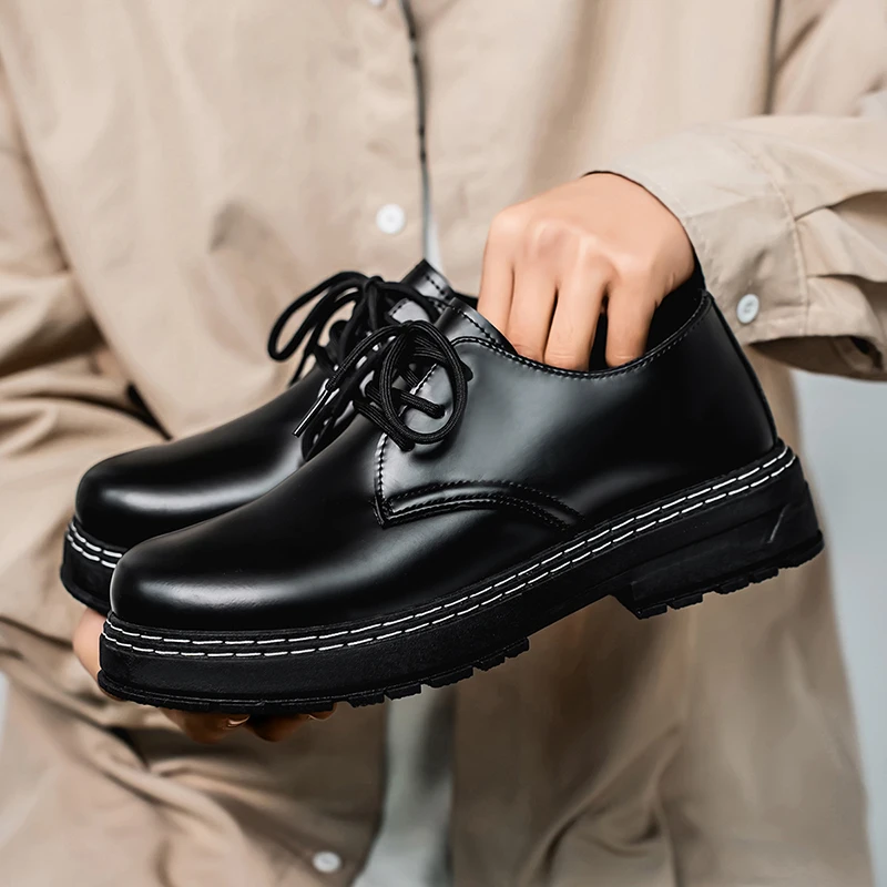 Neue schwarze Plateau-Lederschuhe für Herren – zum Schnüren, lässig, formell, dicke Sohle, rutschfeste Streetwear-Schuhe, Größe 39–48