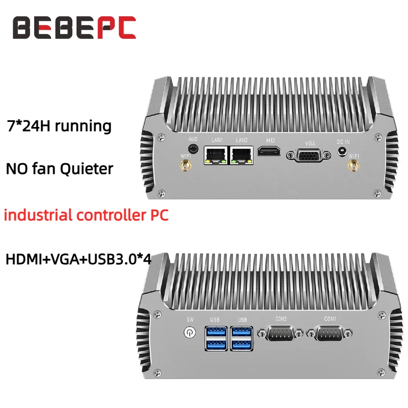 Lüfterloser Industrie-Mini-PC, Dual-LAN, 2*COM, RS232, Core i5 5200U, i3 5005U, Celeron 2955U, DDR3L, WLAN, unterstützt Linux Ubuntu Computer