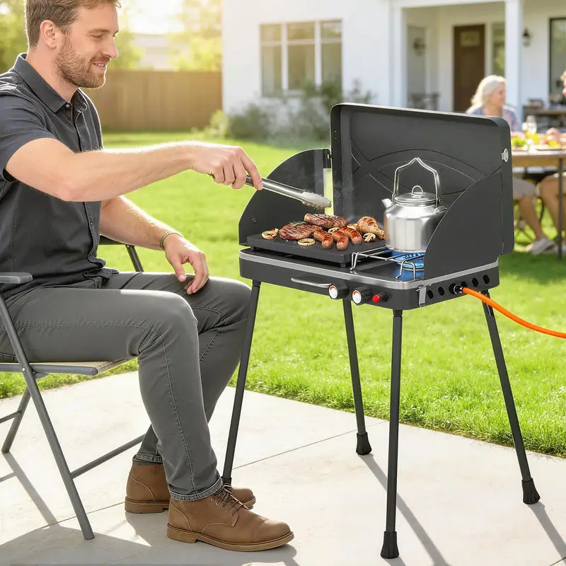 2-in-1 tragbarer Propangas-Grill, Grill und Kochherd, 7 kW, schwarz Image