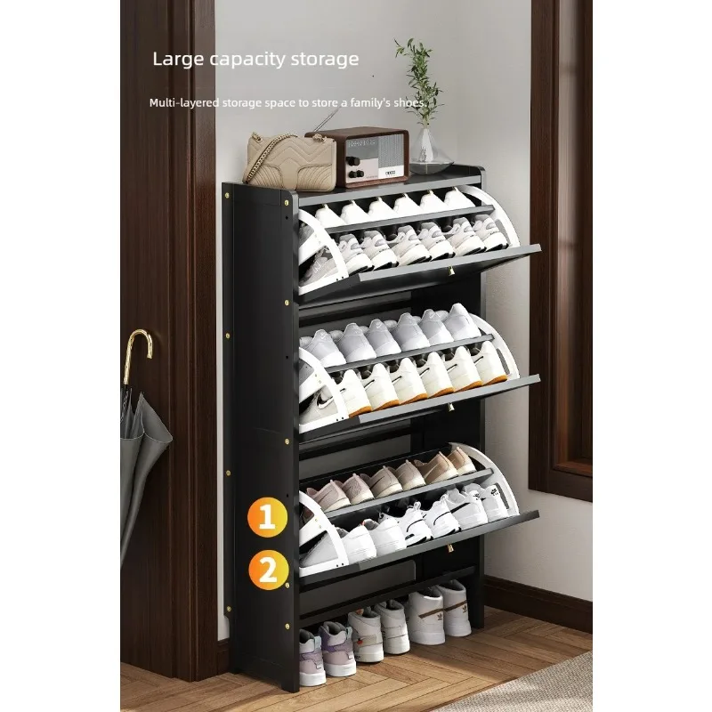 Minimalstaubdichter schmaler Schuhschrank, ultradünner mehrschichtiger Bambus-Schuhschrank, wandmontierter Schuhschrank mit Klapptür.