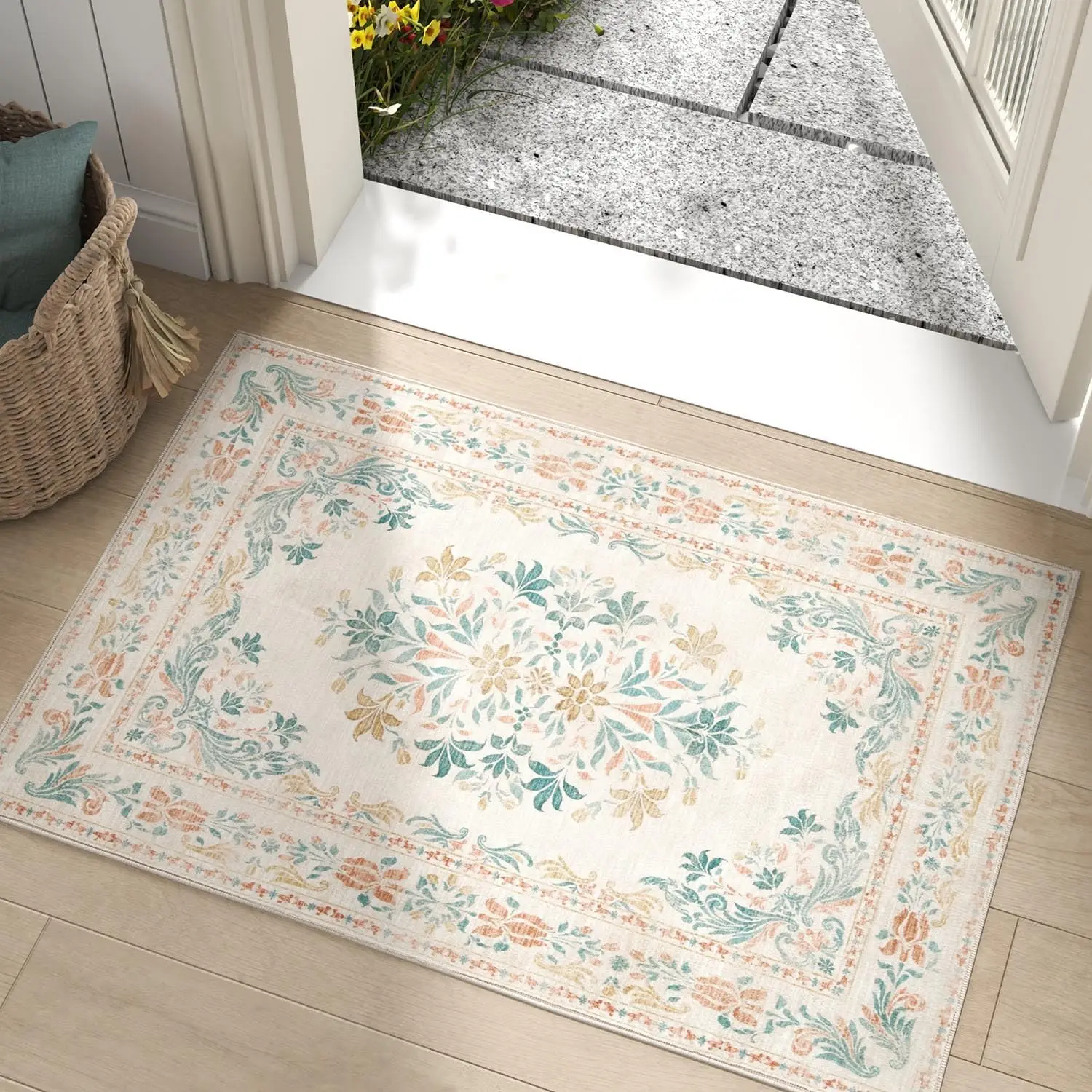 Rechteckige Retro-Blumenmuster, elegante Fußmatte, beige, rutschfeste Matte, Eingangstürmatte, Teppich, Zuhause, Wohnzimmer, Dekoration, Teppich Image