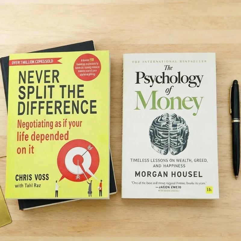 Never Split The Difference Chris Voss (Verhandlungskunst) + The Psychology of Money Morgan Housel - Verhandlungs- und Finanzführer Image