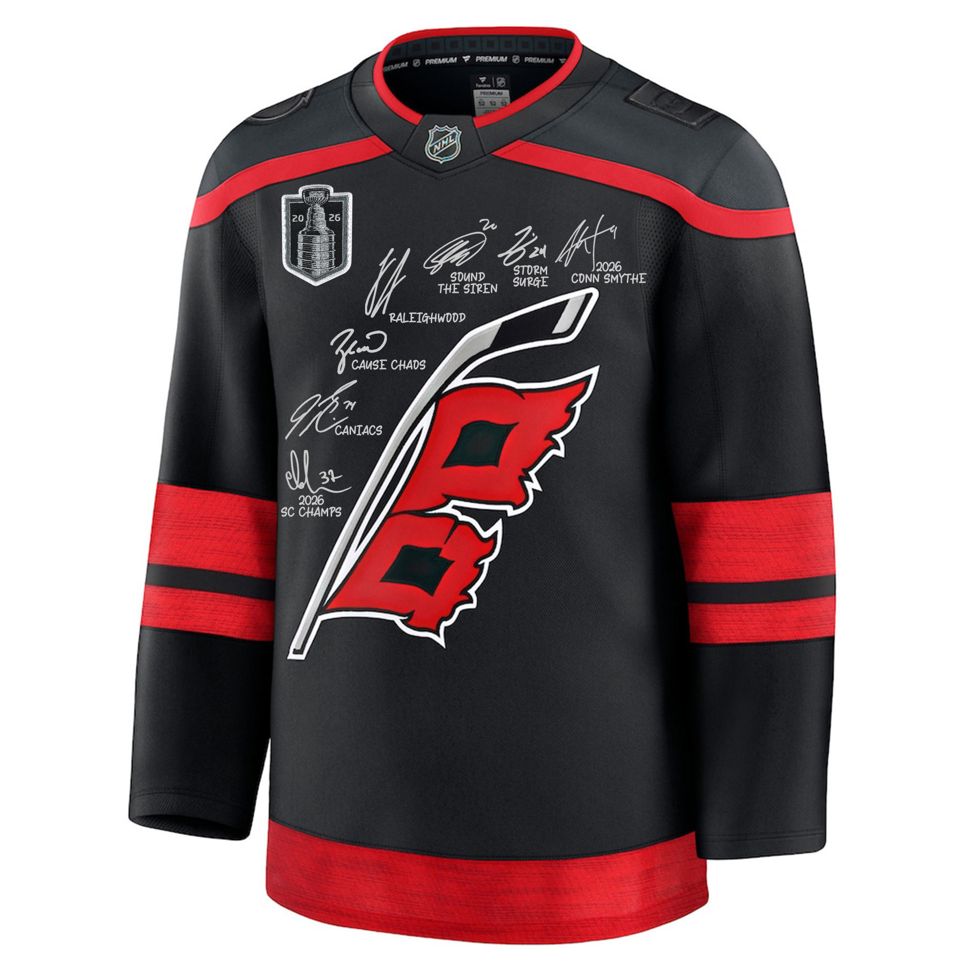 "Signiertes schwarzes Fanatics Premium-Trikot der Carolina Hurricanes, Stanley-Cup-Sieger 2026, mit mehreren Unterschriften und Inschriften – Limitierte Auflage von 50 Stück" Image