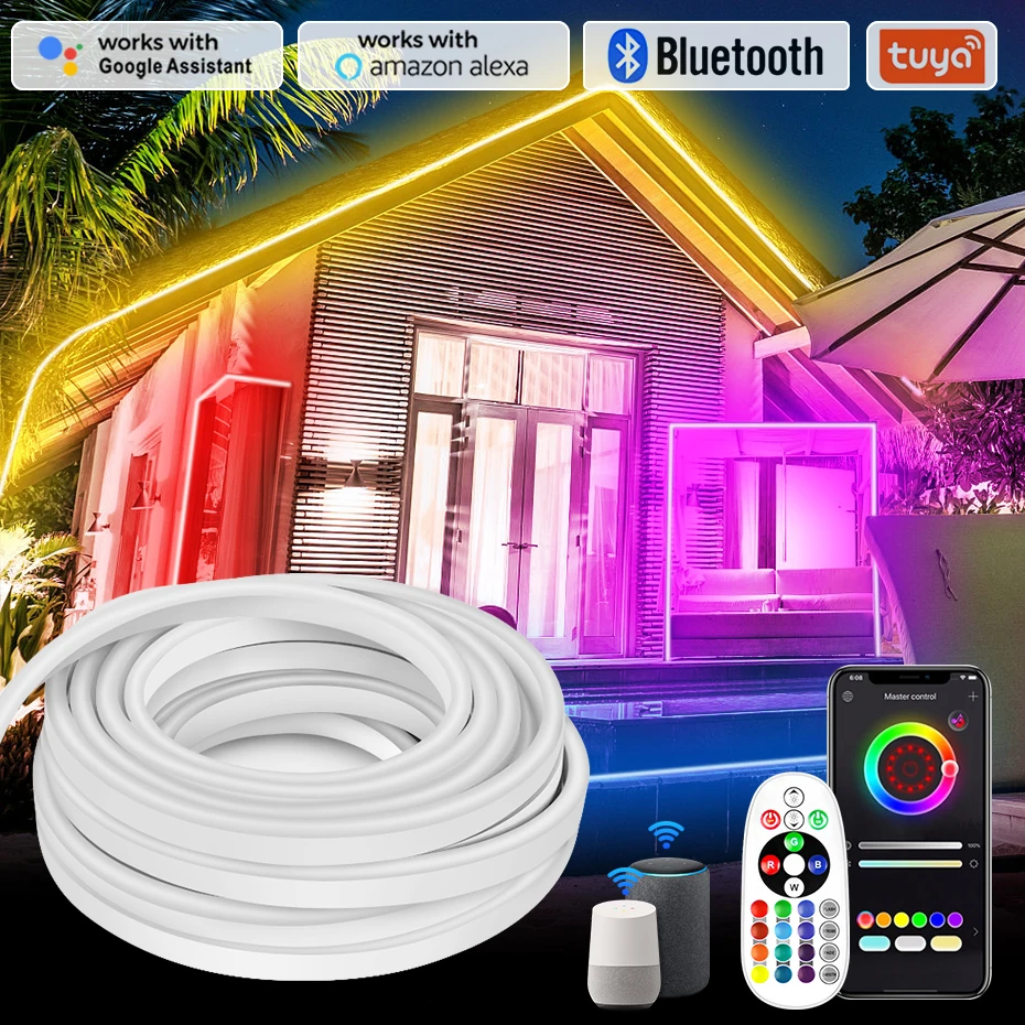 1-100m LED Neon Streifen 220V RGB Neon Seil Licht Wasserdichte IP67 Remote BluetoothTuya WiFi Smart Flexible band Voice Control Image