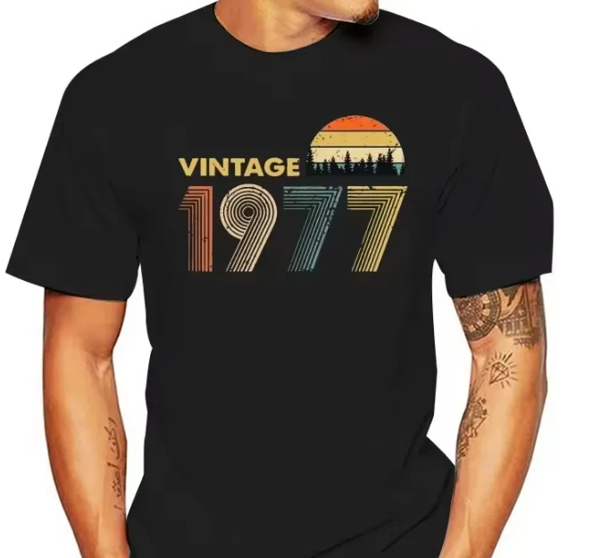 Vintage 1977 Schwarzes T-Shirt M 6XL Baumwoll-T-Shirt Herren Sommermode T-Shirt Euro-Größe T-Shirt