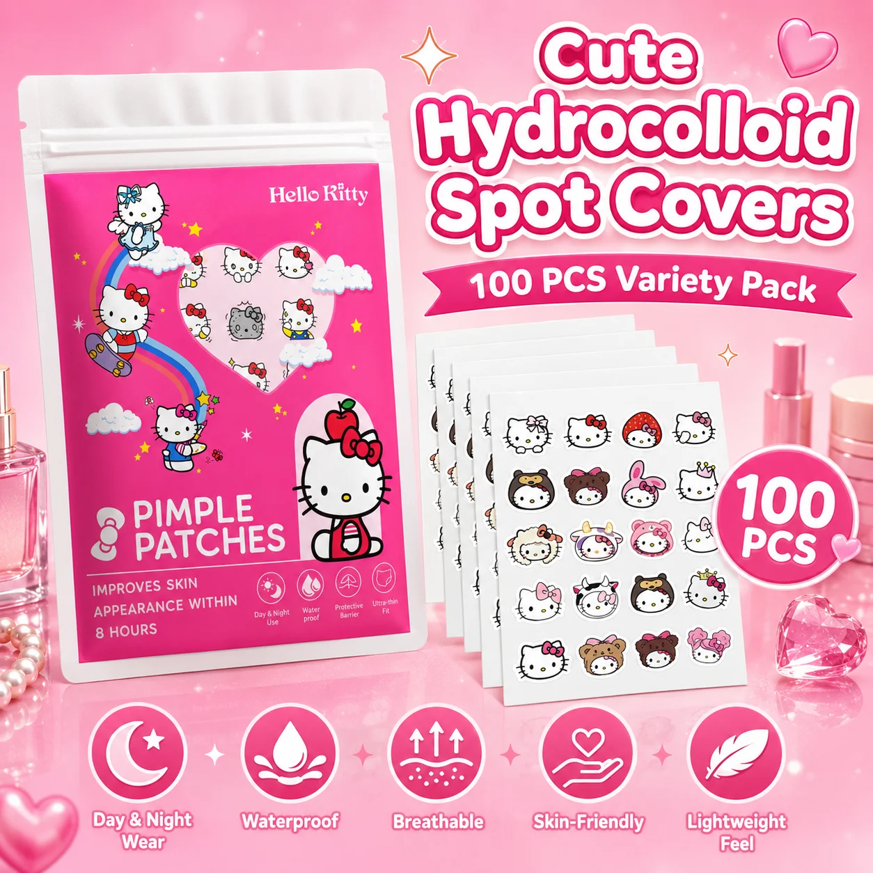 100 Stück Hello Kitty Akne-Pflaster, Gesichts-Akne-Pflaster, Hydrogel-Akne-Entfernungs-Pflaster, Abdeckpflaster Image