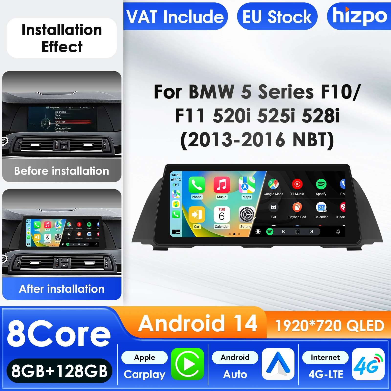 Hizpo 2Din Android 14 Autoradio Multimedia für BMW 5er F10 F11 F12 CIC NBT GPS Carplay 4G KI Intelligenter Bildschirm Autoradio 10,25 Zoll Auto-Intelligent-Bildschirm QLED-Display Automotive Head Unit Image