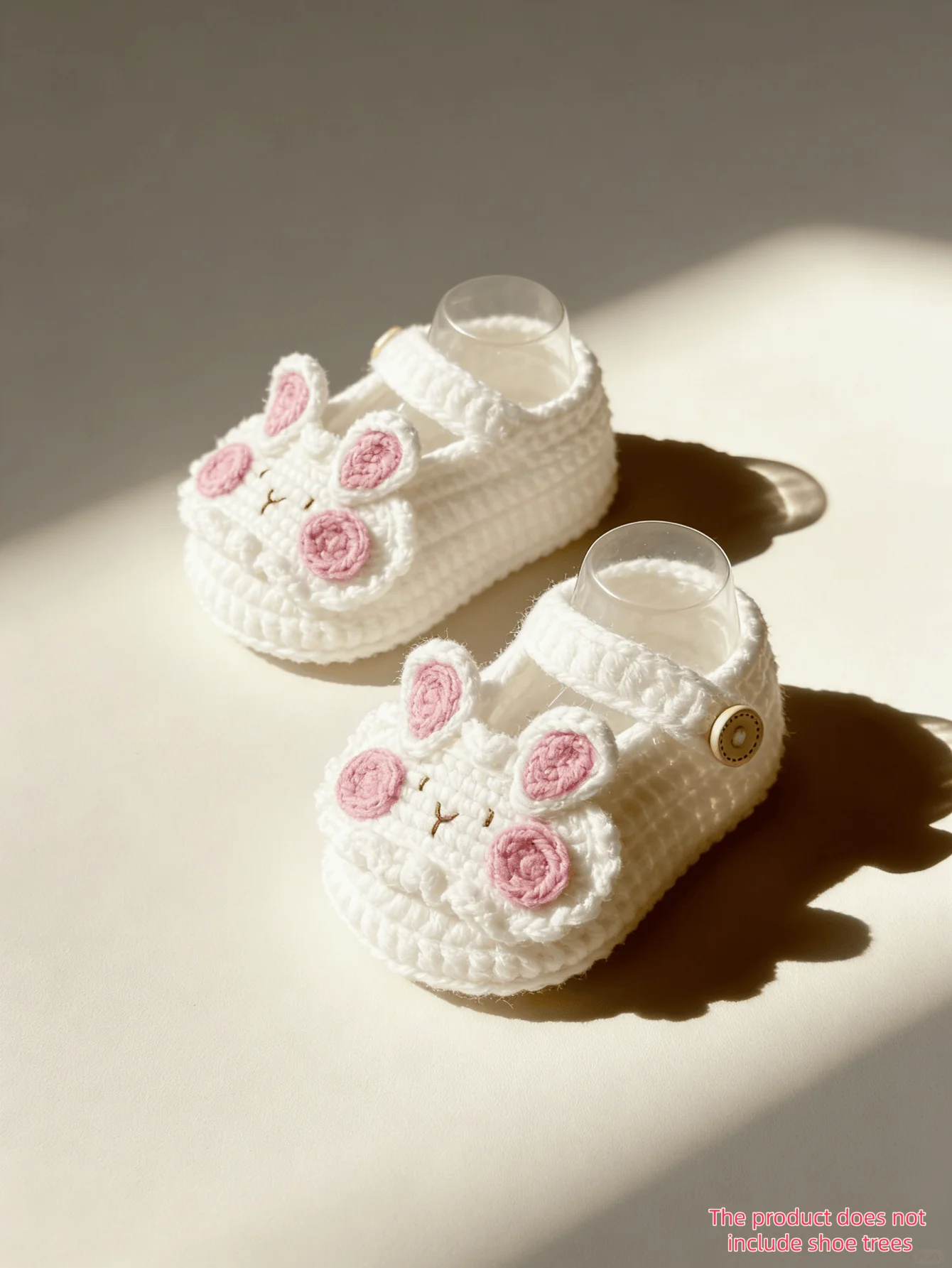 1 Paar Handgefertigte Gehäkelte Babyschuhe, Weiß mit Rosa Hasen-Design, Neugeborenen-Schuhe