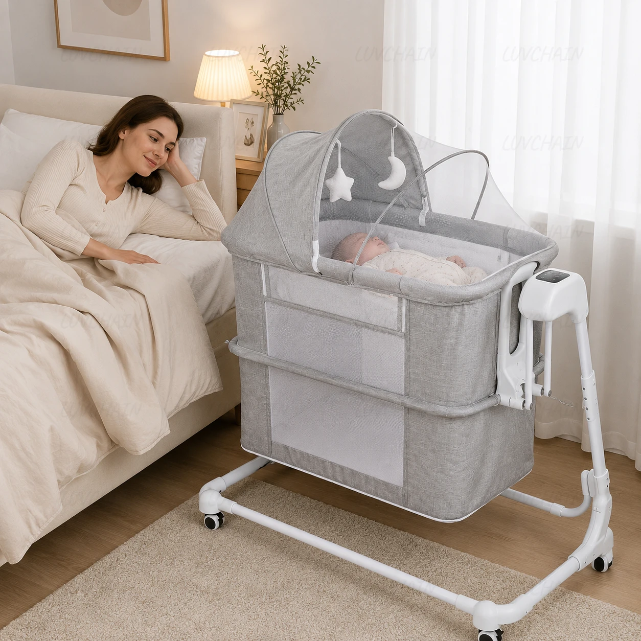Elektrisches Babybett/tragbare Neugeborenenwippe; verfügt über einstellbare Winkel, Bluetooth-Konnektivität und eine Timer-Funktion; abnehmbar und waschbar. Image