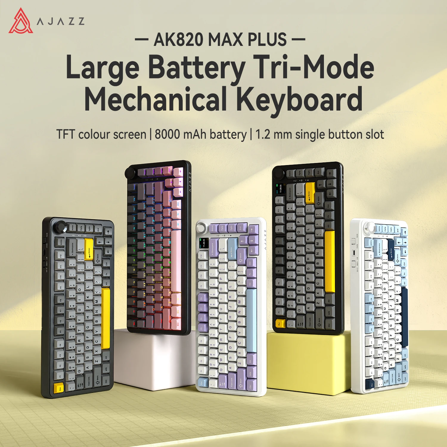 AJAZZ AK820 MAX PLUS Tri-Mode Kabellose Gaming-Tastatur, BT5.1/2.4G/USB-C, Gasket & Vollständig Hot-Swap-fähig, RGB Musik-Rhythmus, Flying Fish/Daydream/Maillard/Avocado Schalter Image