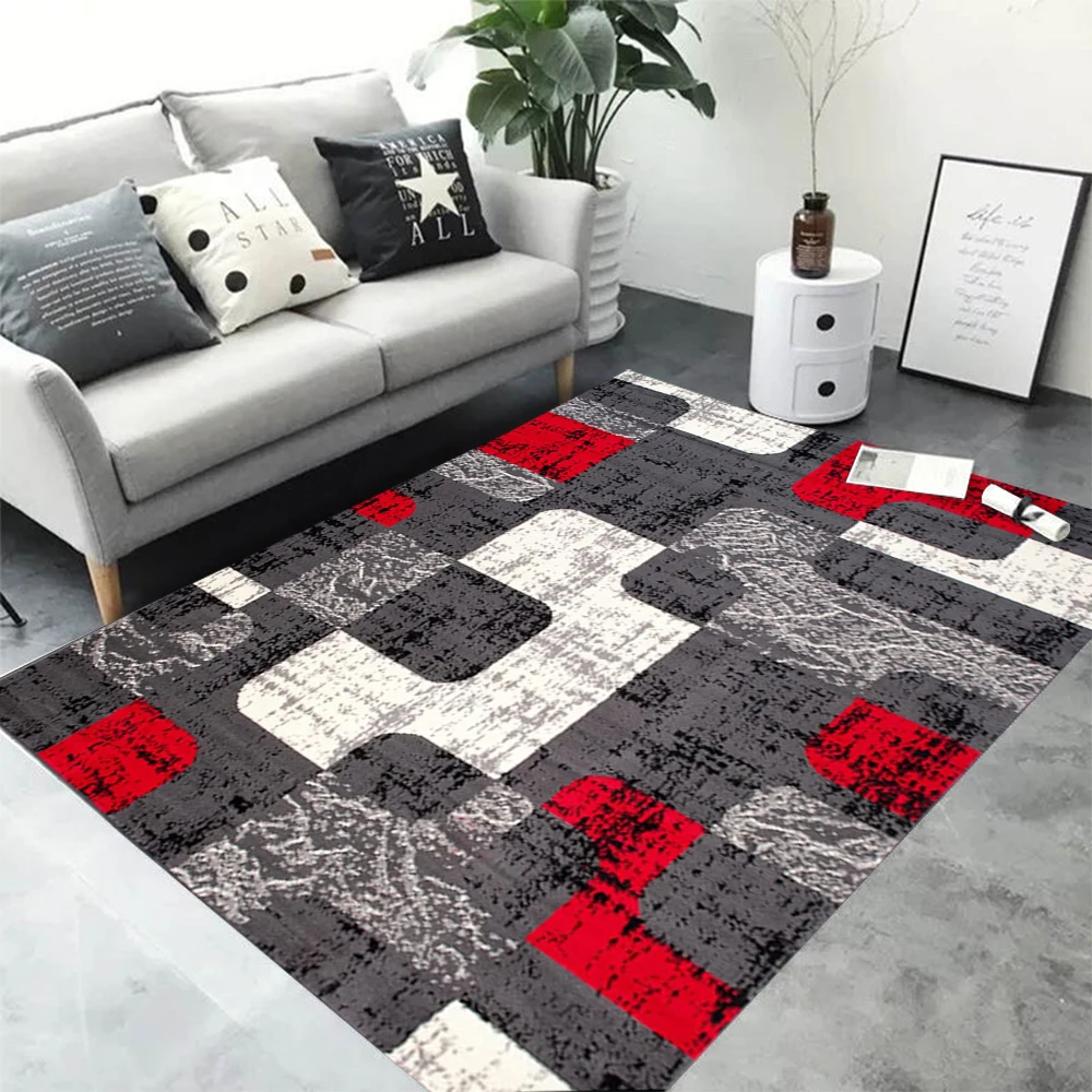 Abstrakte Kunst, strukturierter Farbblock-Teppich, Rot, Schwarz, Weiß, Grau, geometrisches Muster, großer Teppich für modernes Wohnzimmer Image