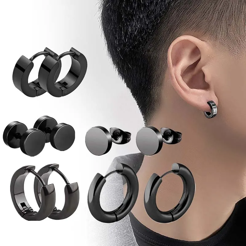 5 Paar modische schwarze Ohrringe aus Edelstahl, verschiedene Stile für Damen und Herren, Hip-Hop-Piercing-Ohrschmuck Image