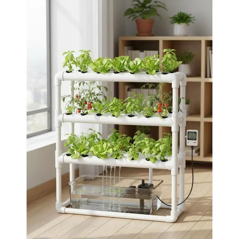 Hydroponisches Anbausystem 98x50x103cm für Balkon, Garten, Terrasse, 3 Ebenen, 108 Pflanzplätze, UPVC-Rohrsystem, Bewässerungstimer, Undurchsichtige Rohre, Gemüse-, Obst- und Kräuterzuchtstation Image