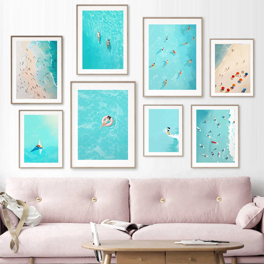 Boot Meereswellen Surfen Strand Landschaft Druck Leichte Ästhetische Wandkunst Leinwand Gemälde Nordisches Poster Wohnzimmer Deko Image