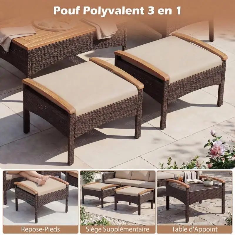 5-teiliges Rattan-Gartenmöbel-Set: 2 Sessel, 2 Hocker und Beistelltisch mit Akazienholzplatte und abnehmbaren Kissen, braun, wetterbeständiger Outdoor-Esstisch für Garten, Terrasse, Strand, Picknick,