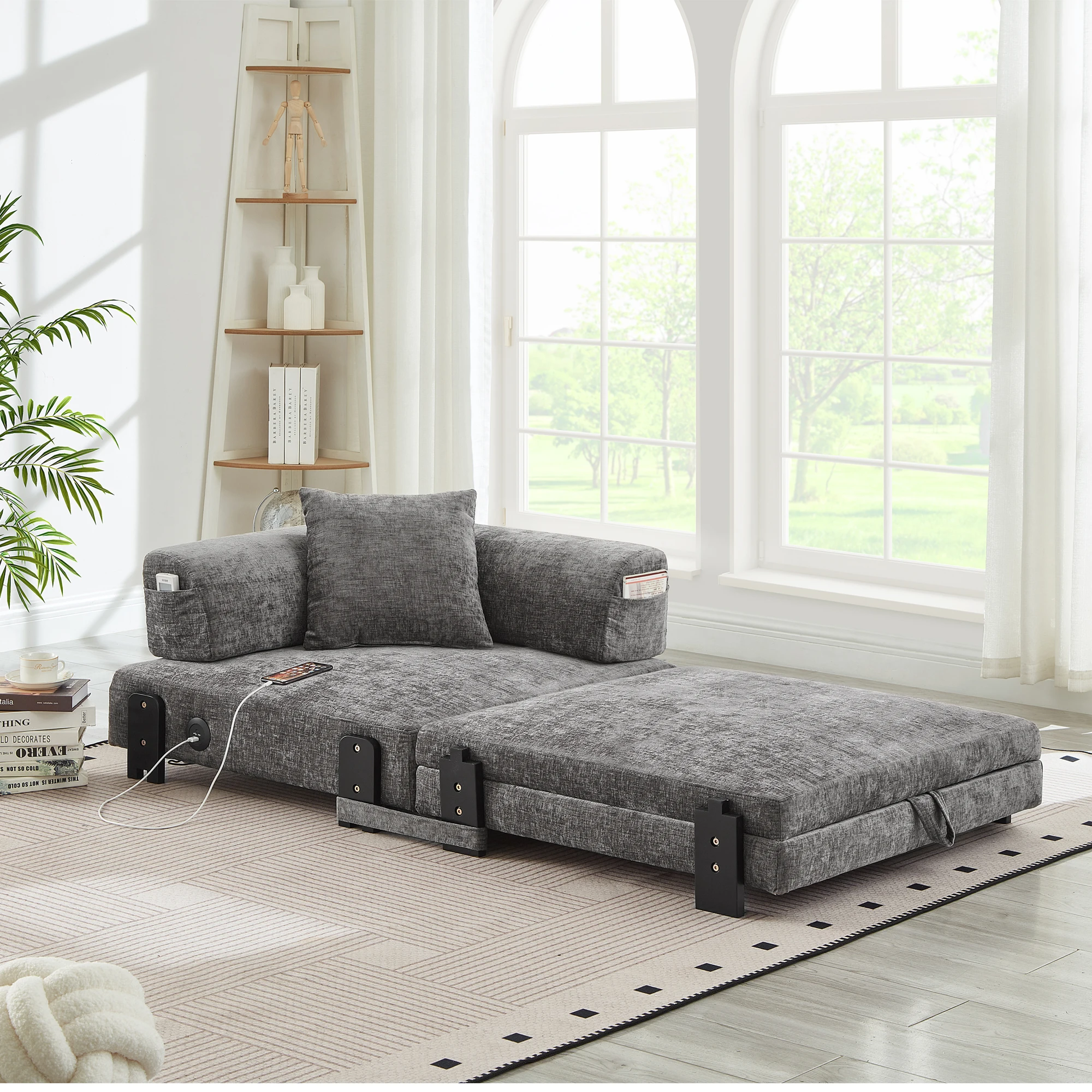 Beige & Dunkelgraues 2-in-1 Klappsofa mit Schlaffunktion – USB/Typ-C-Anschluss & Stauraum, Kompaktes Schlafsofa mit Armlehnen für Kleine Räume, Gästezimmer oder Loft – Platzsparend, Keine Montage Image