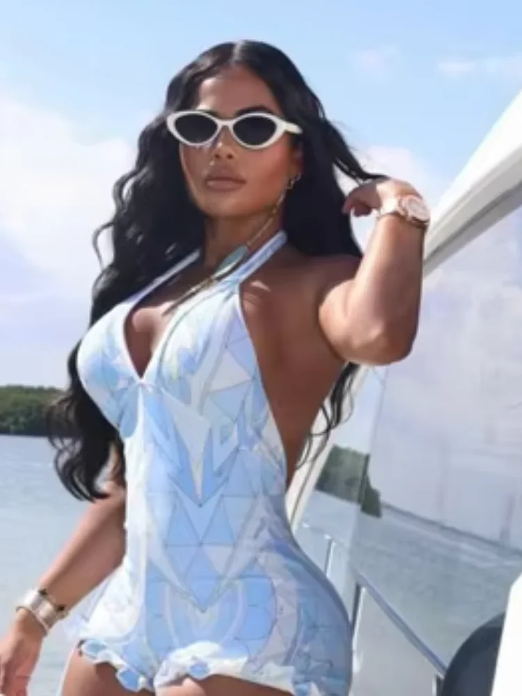 Sexy geometrisch bedruckter Neckholder-Rüschen-Overall, rückenfrei, tiefer V-Ausschnitt, offener Rücken, kurzer Body mit Rüschen, Strand- und Resort-Kleidung Image
