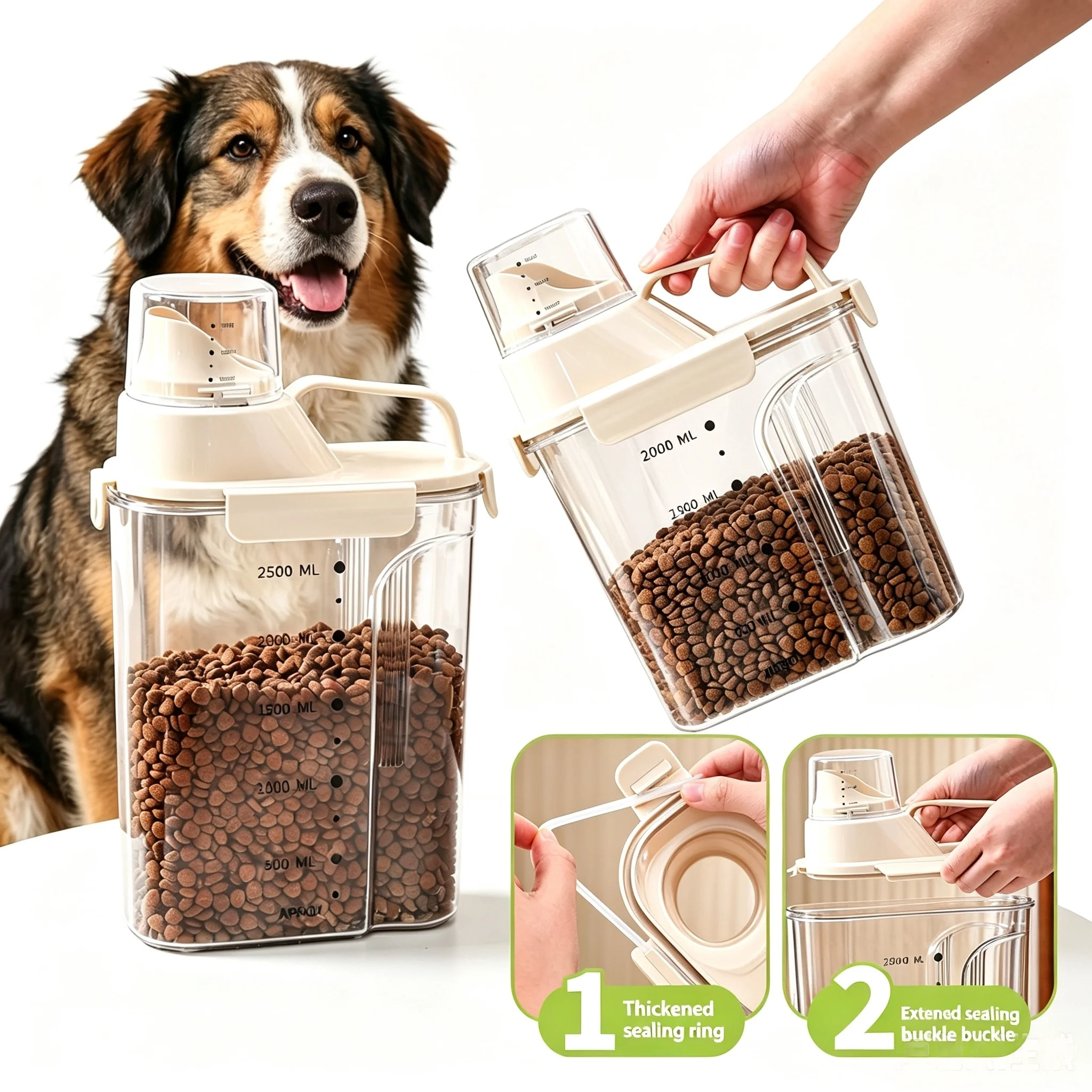 Boîte de rangement en plastique pour aliments pour chats et chiens 1kg/2kg/2,5kg/3kg avec tasse doseuse intégrée, anti-humidité, pour aliments pour chats, aliments pour chiens et friandises pour