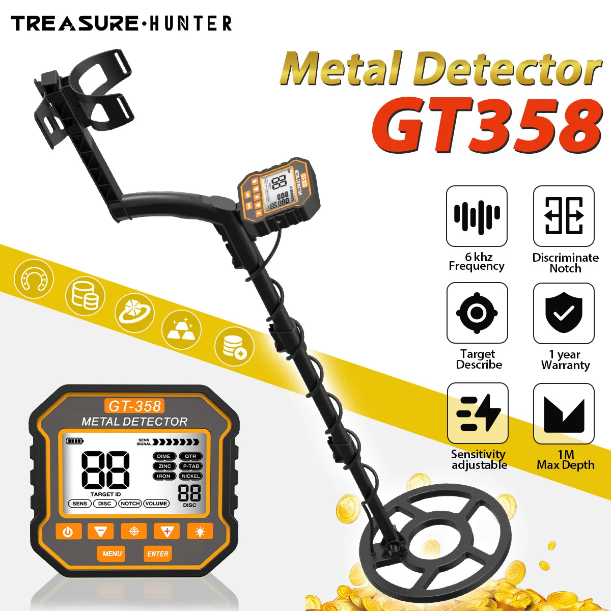 Treasure Hunter Metalldetektor GT358 Unterirdischer Scanner Finder Digger Notch Wasserdicht 10" Spule Professionelles Ortungswerkzeug Image