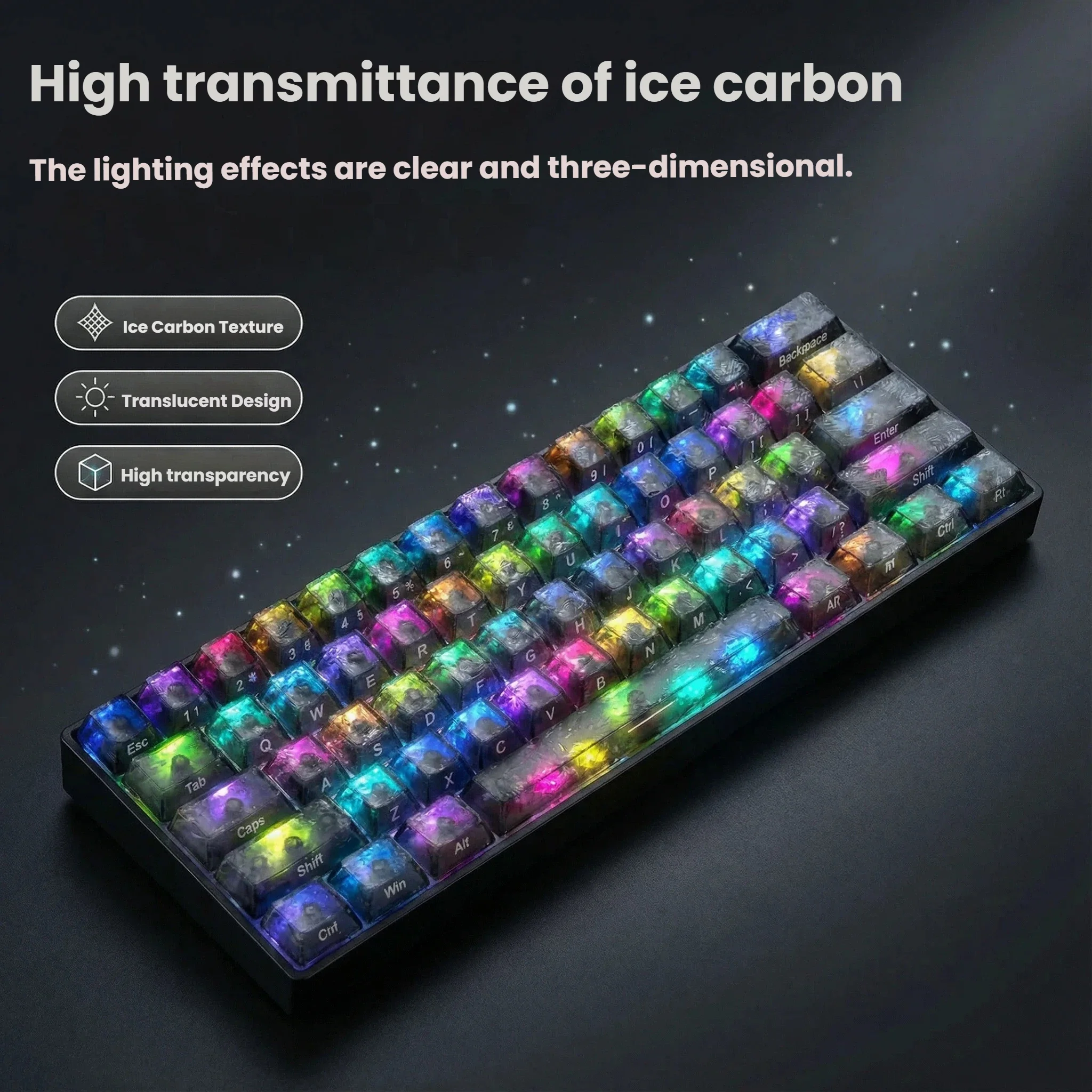132 transparente Tastenkappen mit Eis-Carbon-Muster, kompatibel mit mechanischen Magnetschalter-Tastaturen mit Cherry MX-Schaltern. Image