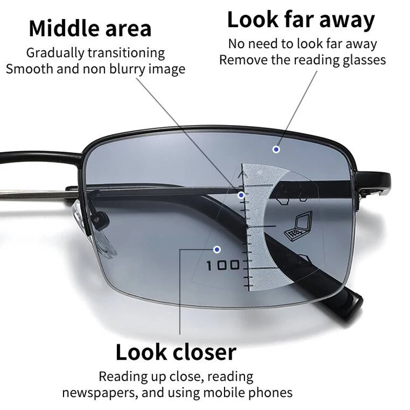 Photochrome Progressive Multifokal-Lesebrille, Halbrandloser Metallrahmen, Klare Sicht, Langlebiges PC-Material, Minimalistisches Design Image