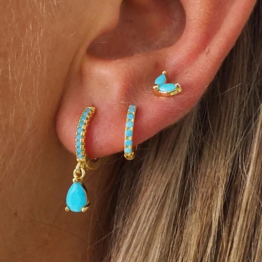 3-teiliges Luxus-Set mit blauen Edelstahl-Ohrsteckern für Damen, Wassertropfen-Zirkon-Anhänger-Ohrringe, ästhetischer Piercing-Schmuck, Geschenke Image