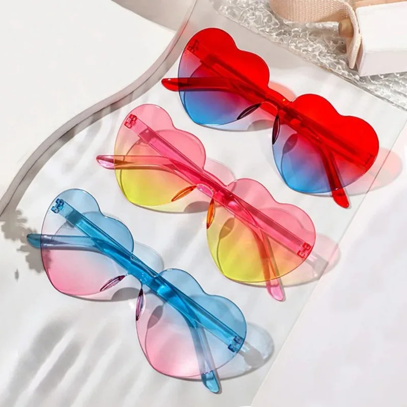 Herzförmige Sonnenbrille für Damen, Randlose Rahmen, Farbverlauf-Gläser, Bunte Sonnenbrillen für Frauen in Rot, Pink und Gelb Image