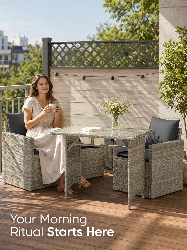 2-teiliges Garten-Essgruppen-Set mit Kissen, hellgraues Polyrattan-Gartenmöbel-Set, Tisch mit Glasplatte und 2 Stühlen für Terrasse, Balkon, Gartenentspannung, wetterbeständig