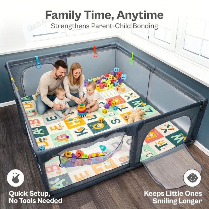 IMBABY 150×180cm Upgrade-Schaumstoffgepolstertes Baby-Laufgitter, Sicherheitszaun für 0-6 Jahre, rutschfeste Saugnäpfe, Kinder-Aktivitätszentrum & Bällebad Image
