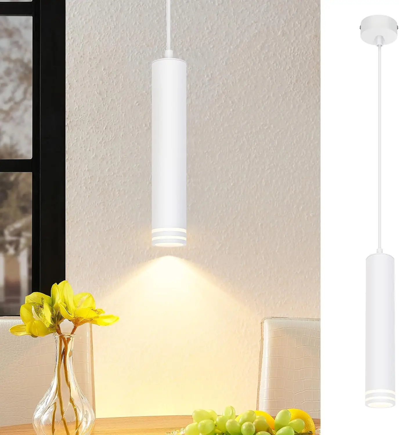 Pendelleuchte GU10 Zylinder Hängelampe 1 flammig Modern Aluminium Hängeleuchte Höhenverstellbar Pendellampe für Küche Schlafzimmer Esstisch Wohnzimmer Weiß/Ohne Leuchtmittel Image