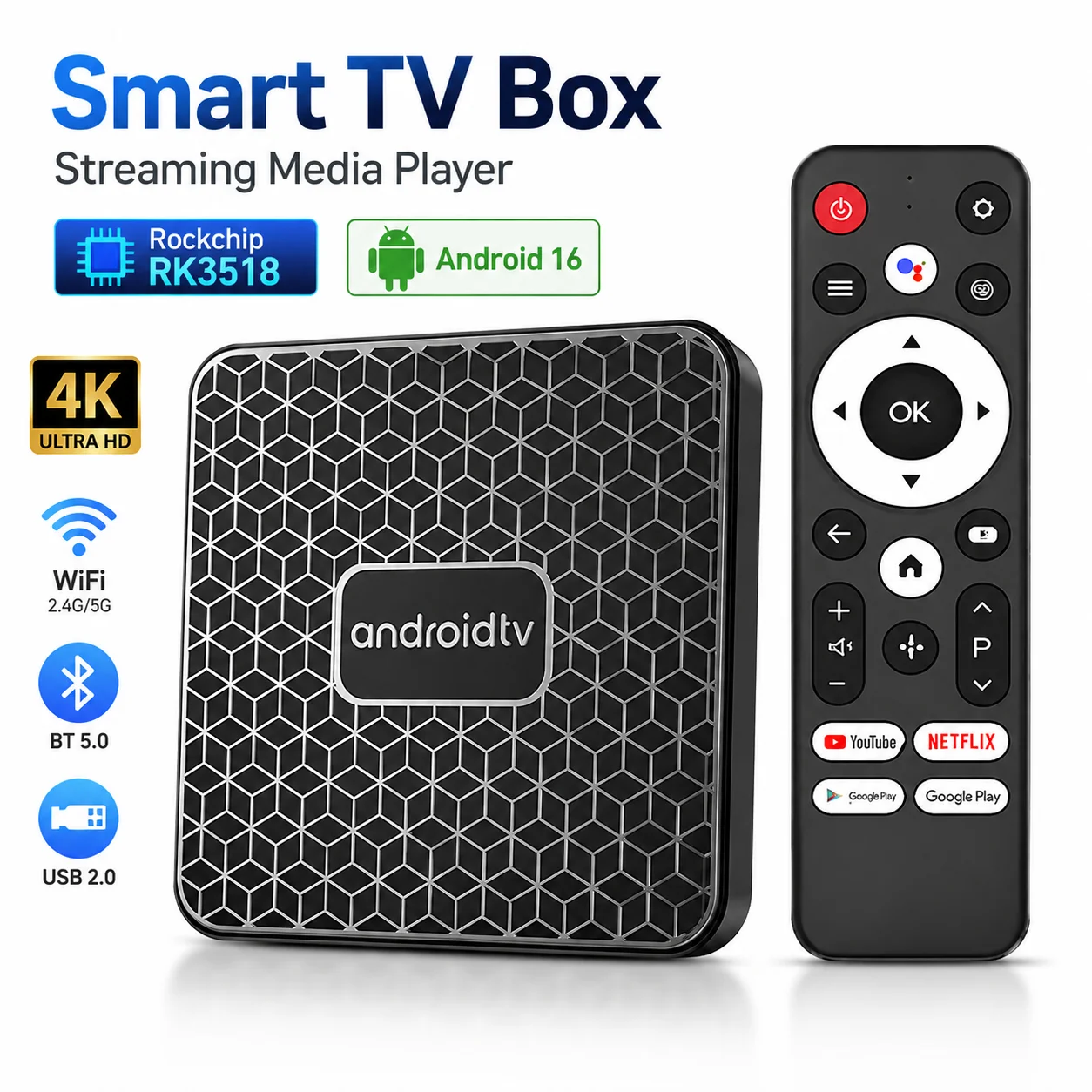 Rockchip RK3518 TV-Box Android TV 4K Ultra HD Smart Set-Top-Box 2,4G&5G WLAN BT5.0 Sprachfernbedienung Media Player ATV Netflix YouTube Image