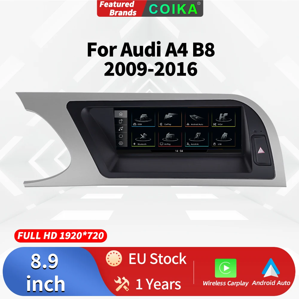 Auto-Multimedia-Radio-Player für Audi A4 B8 S4 2009–2016, Bluetooth, kabelloses Carplay, Android Auto, 8,9 Zoll Touchscreen, 1920 x 720 P Image