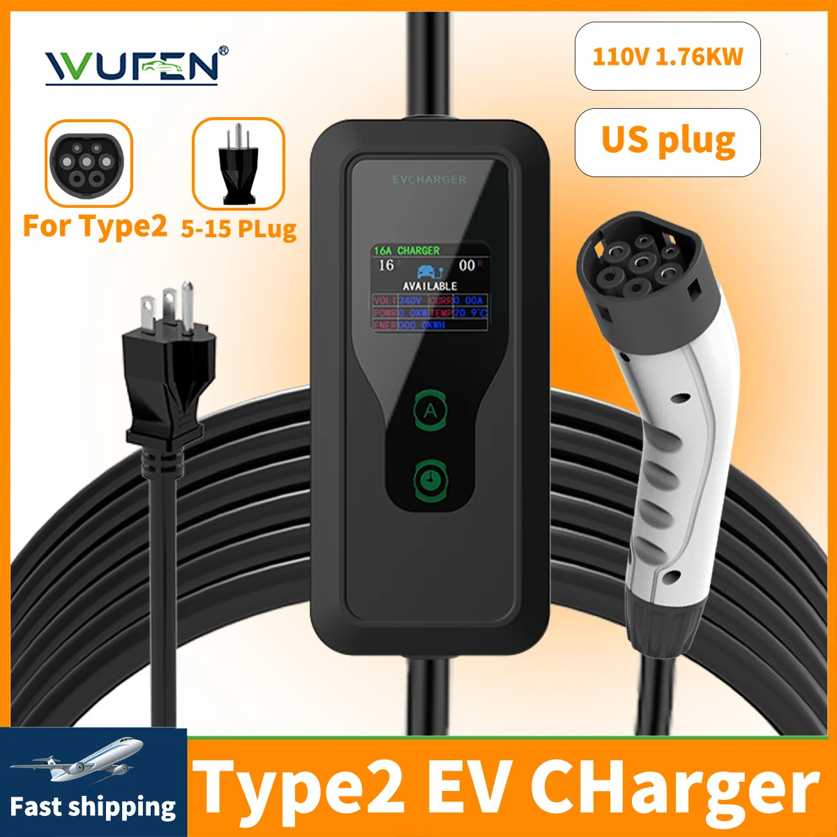 WUFEN Amerikanischer Standard NAME 5-15 Stecker EV Tragbares Ladegerät 3,5m/5m Typ2 Steckverbinder 16A 1P 1,76KW Typ2 für Elektrofahrzeuge Image