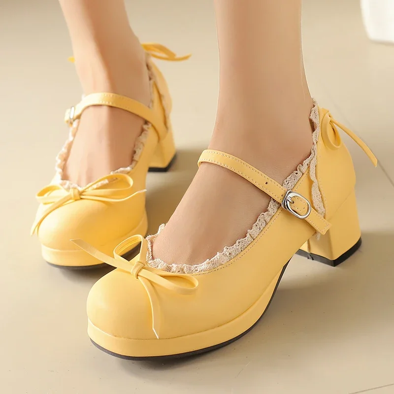 Damen Lolita Cosplay Mary Jane Pumps, Riemenplattform Blockabsatz, Spitze & Schleife, Kawaii Vintage Kleid Schuhe Plus Größe 31-50