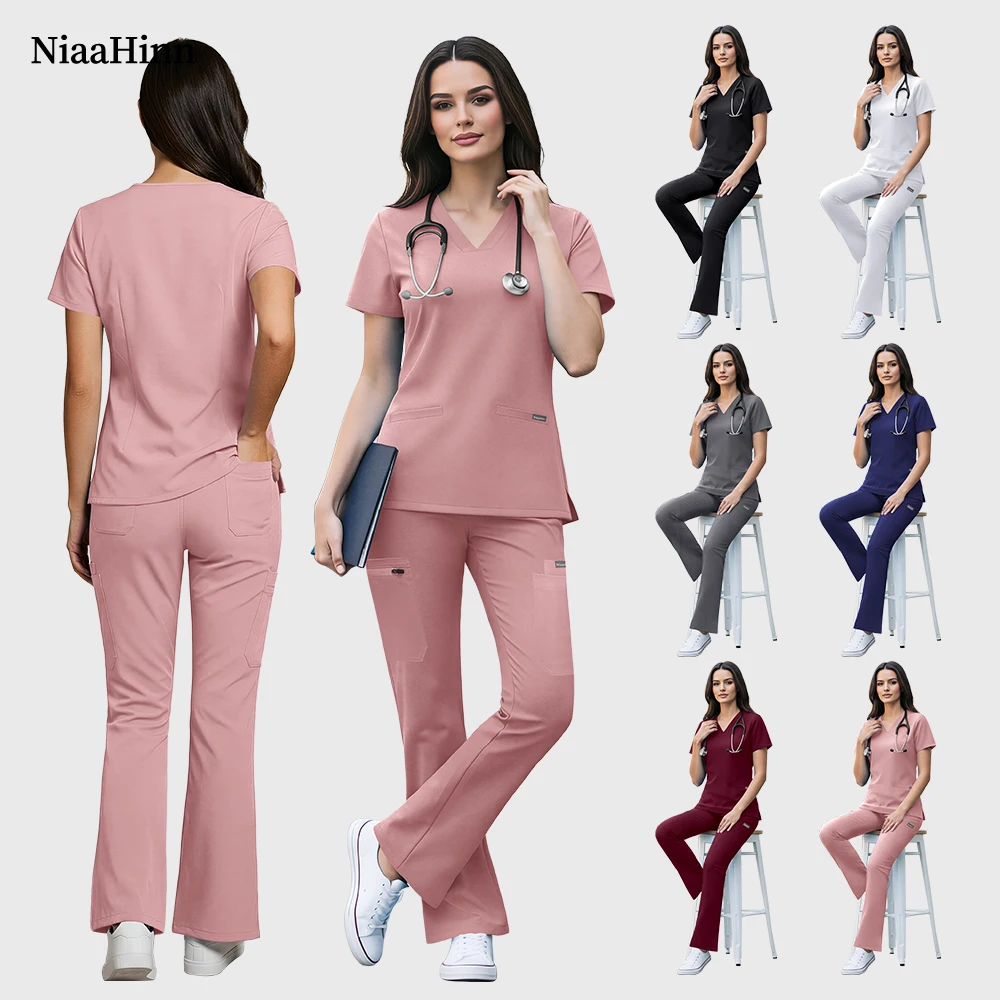 Niaahinn Elastische Medizinische Uniform für Frauen Knitterfreier Stoff Chirurgische Uniformen Pflege-Set Tierklinik Arzt Pflegeanzug Image