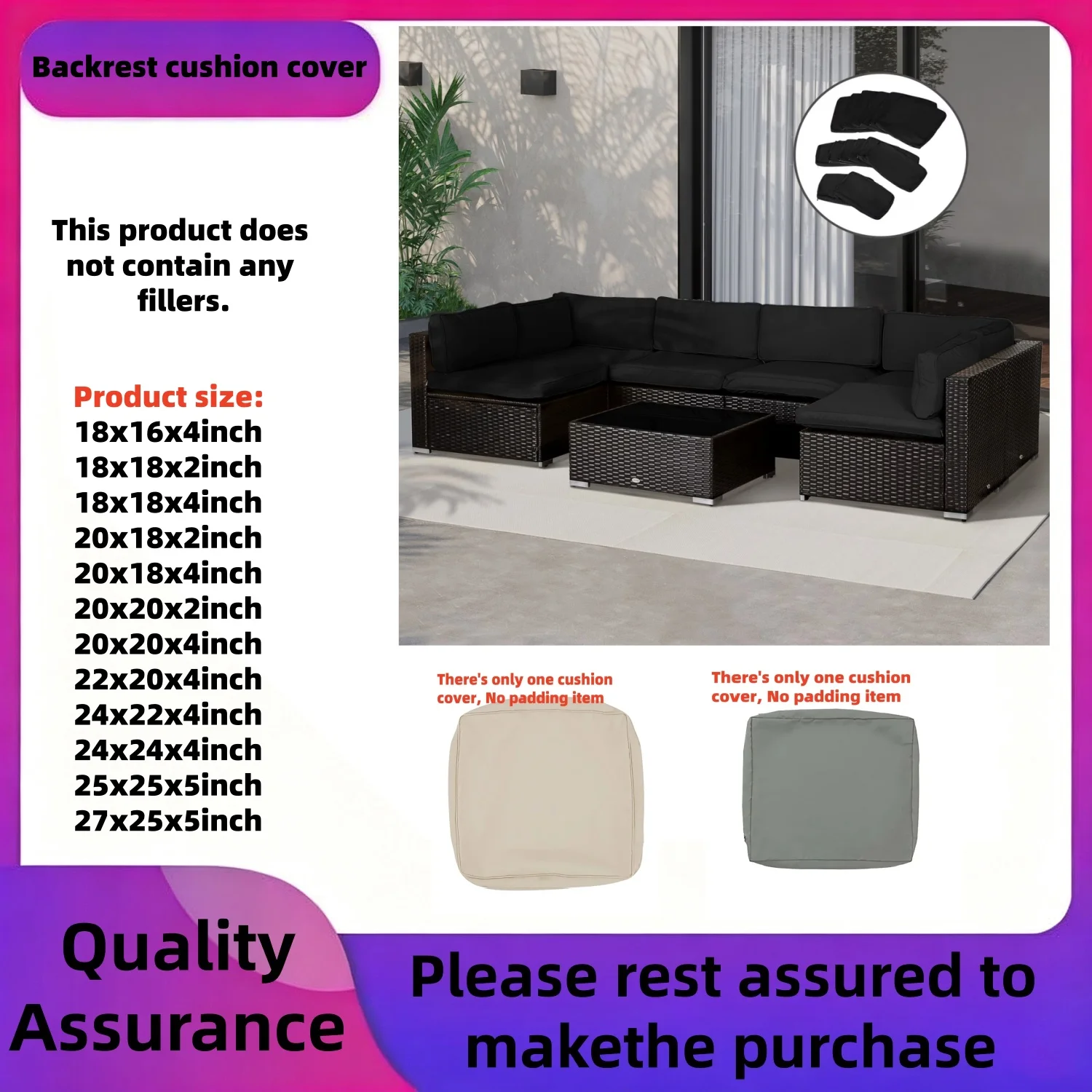 1 Stück Outdoor-Kissenbezüge, Ersatzbezug für Terrassenkissen für Rattan-Sofagarnitur – ohne Kissen