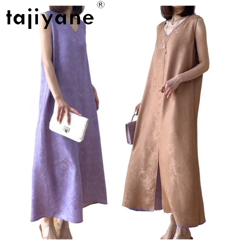 TAJIYANE 100% Real Mulberry Silk Long Dresses Woman Summer 2025 Reversible Vest Dress Party Frocks Ladies Clothes платье женское