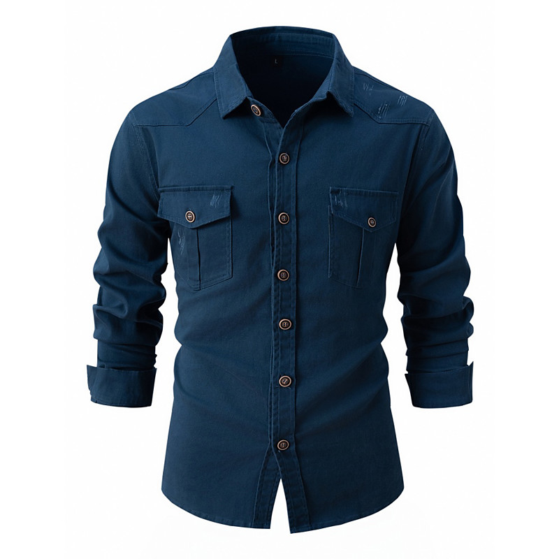 Men's Shirt Casual Shirt Work Shirt Button Up Shirt Cargo Shirt 100% Cotton Acid Wash Shirt Blue Black Navy Blue khaki Light Grey Long Sleeve Plain Shirt Collar Casual Daily Front Pocket Clothing
