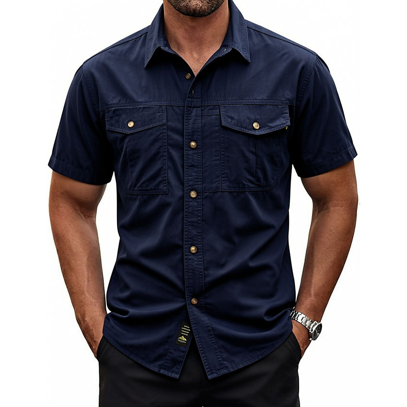 Men's Shirt Casual Shirt Work Shirt Button Up Shirt Cargo Shirt 100% Cotton Acid Wash Shirt Black Yellow khaki Dark Blue Military Green Short Sleeve Plain Shirt Collar Casual Daily Front Pocket