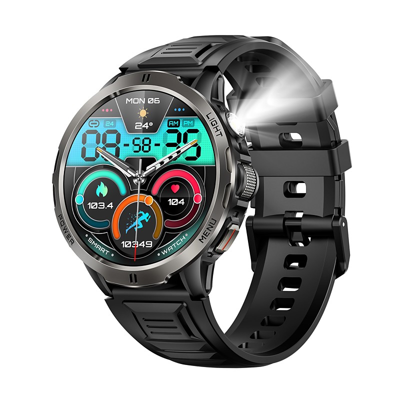 Rugged Smart Watch for Men with Flashlight, 1100mAh Large Battery Outdoor Tactical Watch, 3ATM Waterproof Fitness Tracker with Heart Rate Sleep Monitor, Smart Scroll Wheel for Hiking Camping