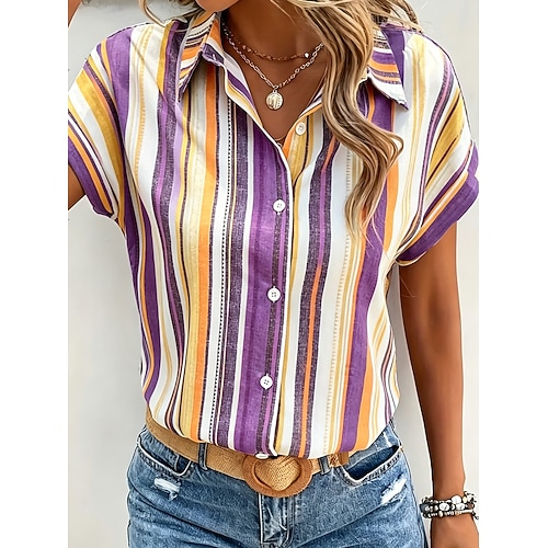 Damen Hemd Knöpfe Druck Grafik Gestreift Vintage Täglich Stilvoll Kurzarm Hemdkragen Normale Oberteile Lässig Täglich Gelb Rosa Purpur Grün Sommer Frühling Image