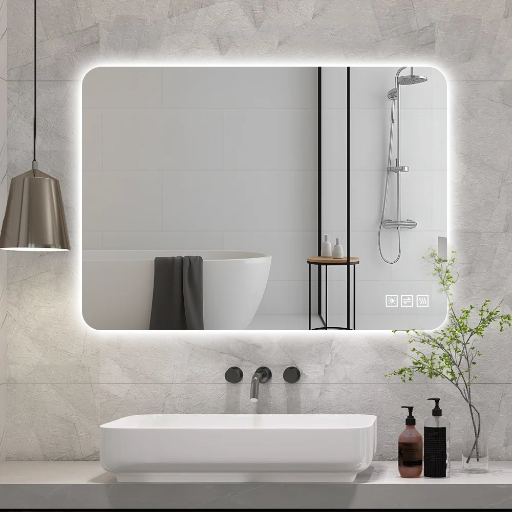 Bruchsicherer und oxidationsbeständiger rahmenloser Wandspiegel mit Hintergrundbeleuchtung, LED-Badezimmerspiegel, Touch-Dimmung, drei Farbtemperaturen, Antibeschlag, hohe Auflösung, kupferfreie