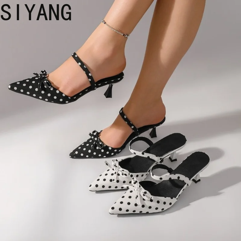 Sommerliche Polka-Dot-Slipper mit Schmetterlingsknoten für Damen, spitze Zehenpartie, Slingbacks, Mules, elegante Schuhe für Hochzeiten und Partys