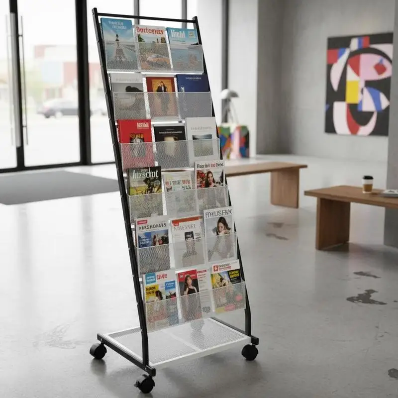 Présentoir à brochures 6 niveaux, porte-brochures sur pied, avec 4 roulettes (2 verrouillables), porte-revues, magazines, journaux mobiles et pratiques, pour magasin, bureau, salon, foire, exposition