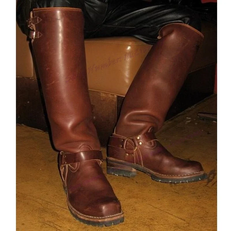 Braune, matte Leder-Ritterstiefel für Herren, kniehoch, runde Zehen, Vintage-Schuhe, klobiger Absatz, Cowboy-Schuhe für Herren, Zapatos Para Hombres