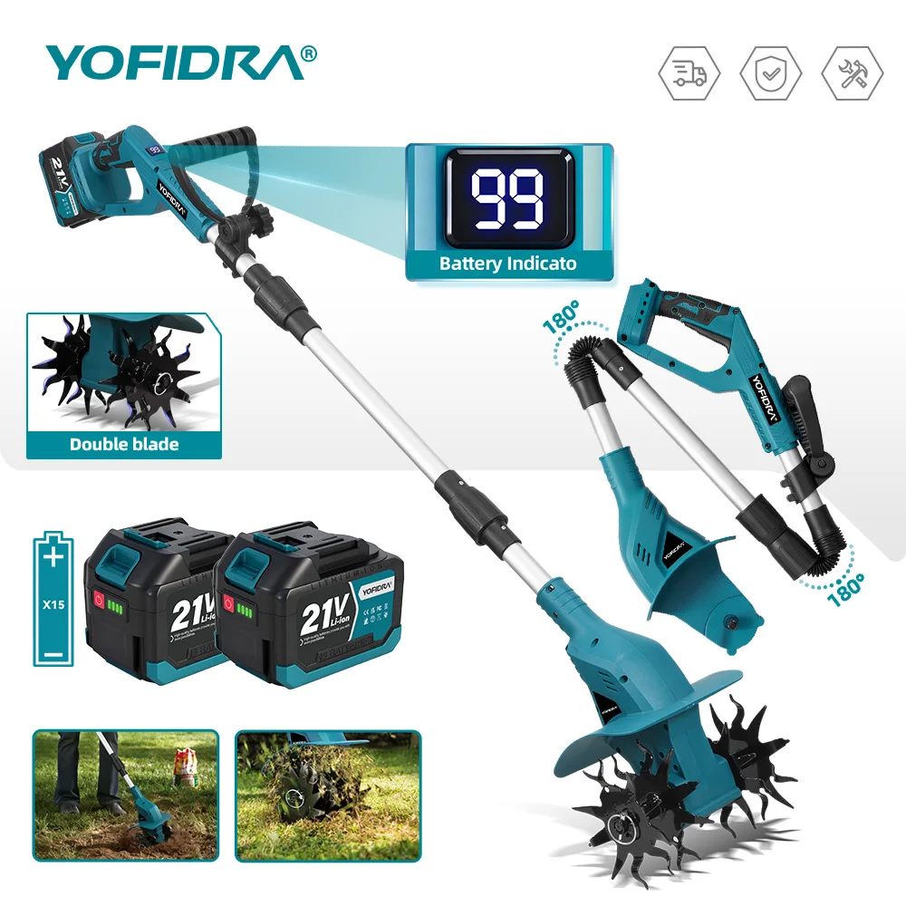 YOFIDRA Elektrische Bodenfräse, kabelloser Gartenkultivator, Bodenlockerungswerkzeug für Makita-Akkus Image