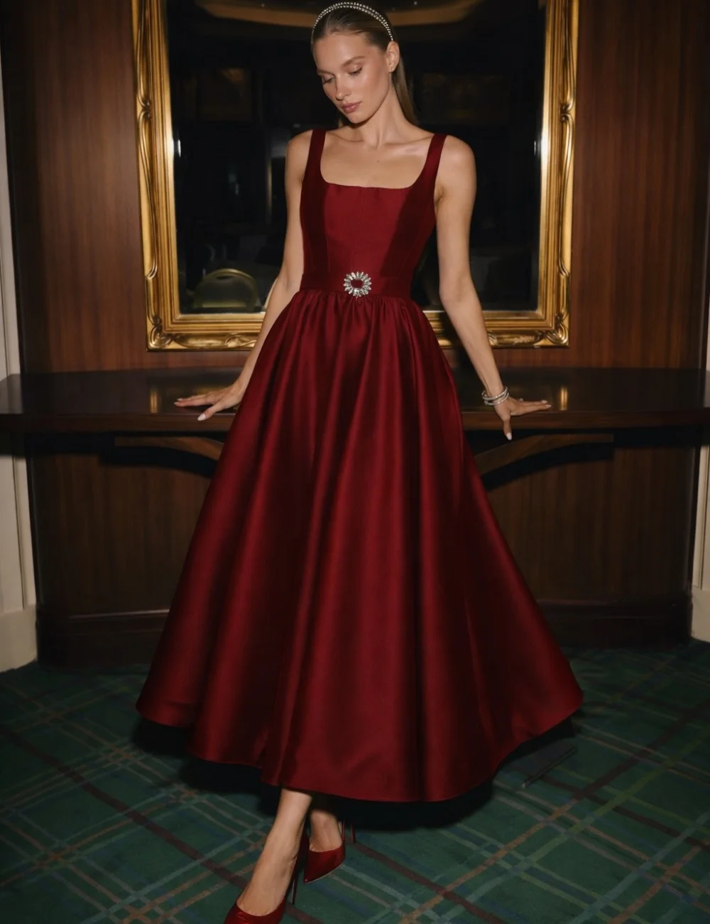 Customized Red Exquisite Charming Sash Rhinestone A-line Square Neck Ankle Length Evening Dresses High Quality