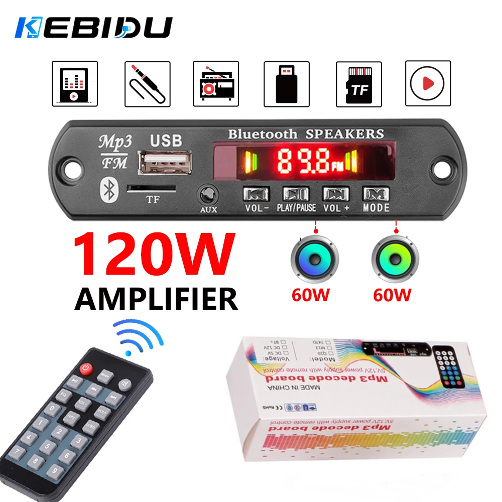 Amplificateur KEBIDU 120W, lecteur MP3 Bluetooth, lecteur MP3 sans fil pour voiture, décodeur WAV, carte de décodage, lecteur de musique DC 12V, module radio FM pour voiture et maison